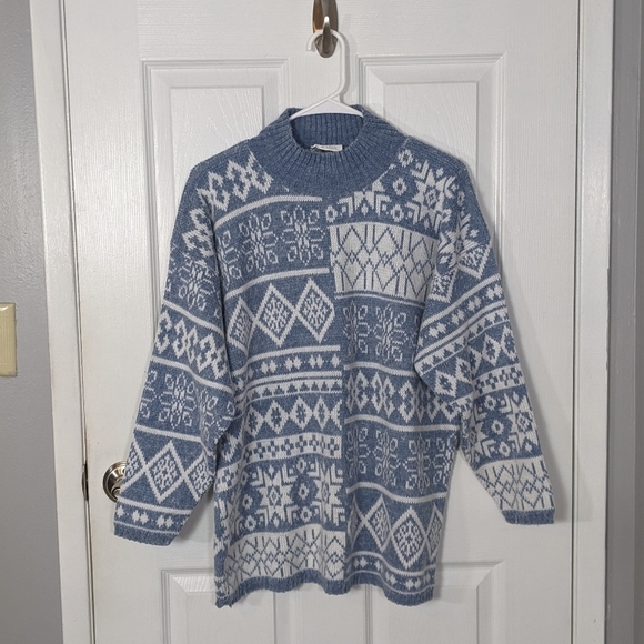 Vintage 80s Needles & Yarn Nordic Fair Isle Blue & White Pullover Sweater Size L - Picture 1 of 6